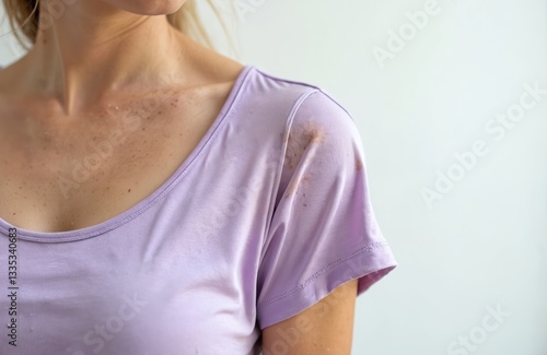 Close-up of woman in wet lilac shirt with dark armpit sweat stains. Hyperhidrosis problem. Body odor. Embarrassing sweat patches. Hygiene, health concept. Excessive sweating. High-quality deodorant photo