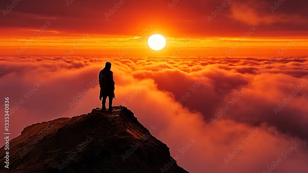 A solitary figure stands on a mountain peak at sunset, surrounded by clouds A solitary figure stands on a mountain peak at sunset, surrounded by clouds