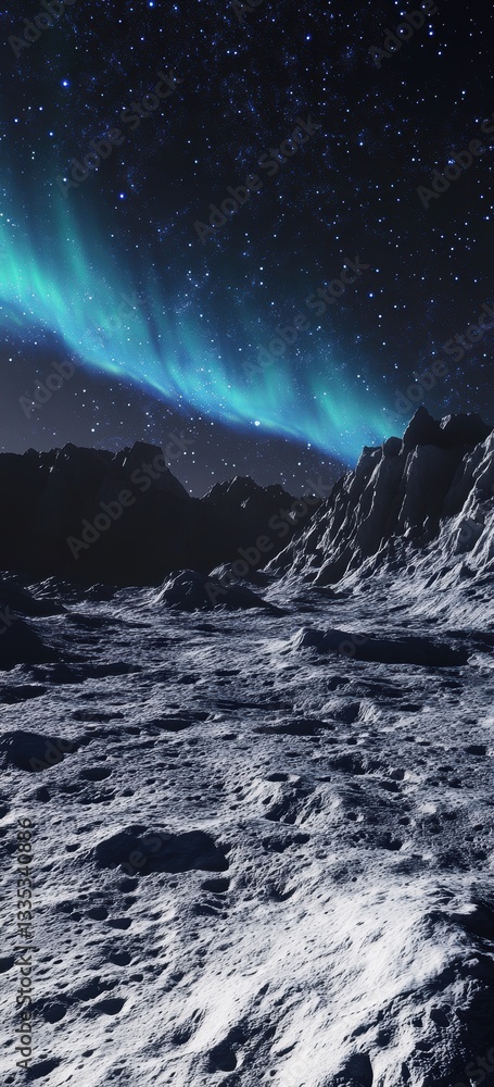 Naklejka premium Aurora Borealis Night Sky with Moon Landscape and Starry Background