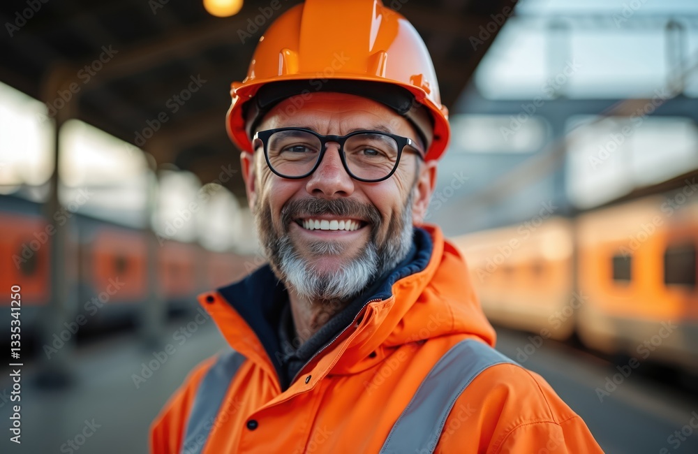 Smiling railway worker in orange safety gear at train station during daylight. Happy bearded engineer with glasses wearing hard hat. Middle aged pro railroad maintenance worker portrait. Public Smiling railway worker in orange safety gear at train station during daylight. Happy bearded engineer with glasses wearing hard hat. Middle aged pro railroad maintenance worker portrait. Public
