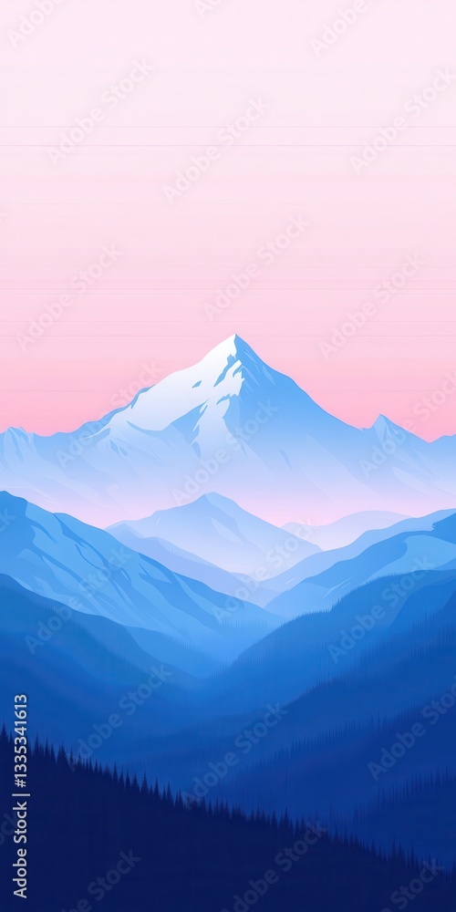 Naklejka premium Vibrant mountain landscape with layers of pink and blue hues enhancing the serene atmosphere