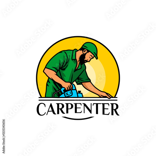 logo of man with wood planer for carpenter character on white background or used for chef illustration