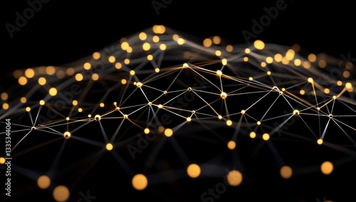 Golden nodes forming a complex network on a black background