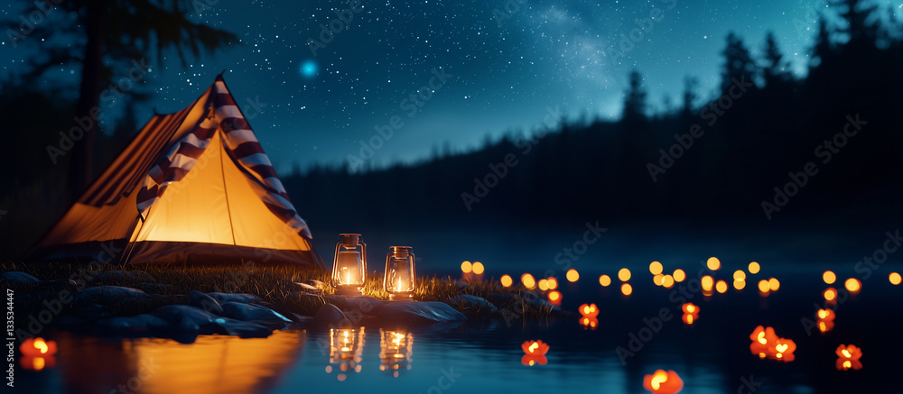 Fototapeta premium Camping with Friends Under the Stars by a Lake