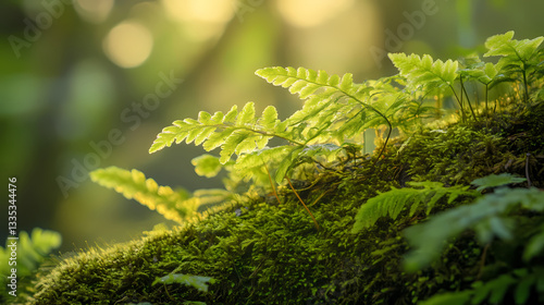 Moss and ferns entwine with radiant fungal growth, soft light, natural wonder. Radiant Fungal. Illustration