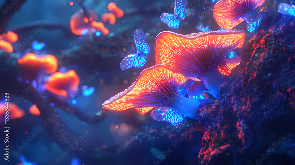 Obraz premium Queer ecology concept. symbiotic relationships in a neon lit fungal wonderland. Radiant Fungal. Illustration