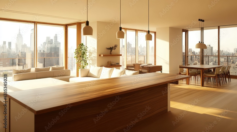 Fototapeta premium A stylish open-concept kitchen and living room with bright, natural light pouring in from the large windows