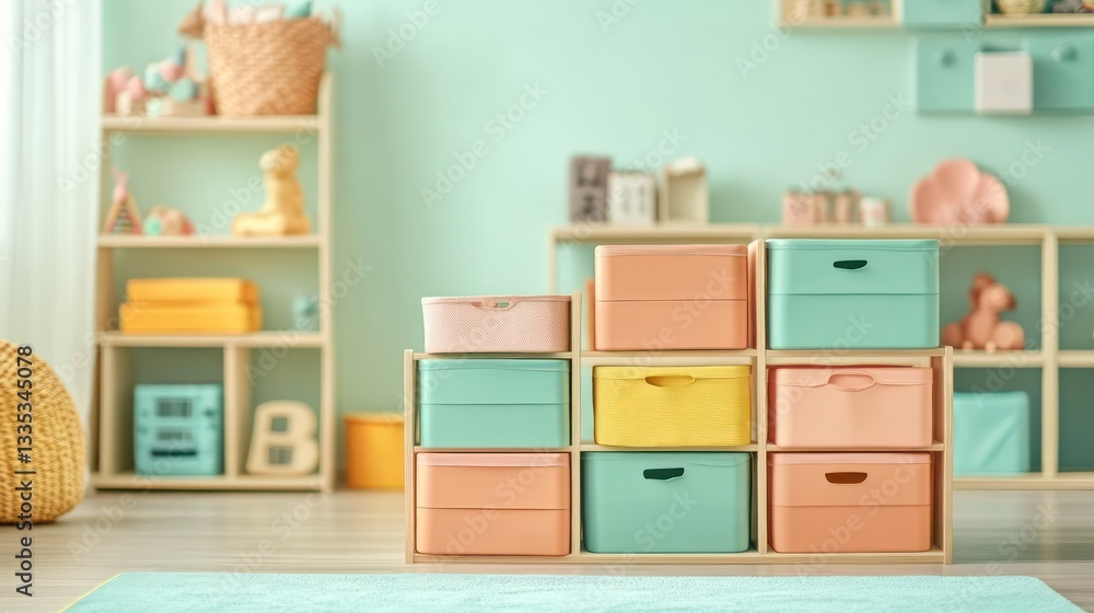 Fototapeta premium A stylish playroom with wooden shelves stacked with a mix of turquoise, coral, and yellow storage boxes