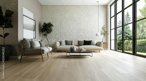 Fototapeta Naklejka Na Ścianę i Meble -  Minimalist living room with Scandinavian furniture neutral tones an accent wall with textured wallpaper and hardwood flooring featuring natural light streaming through large windows