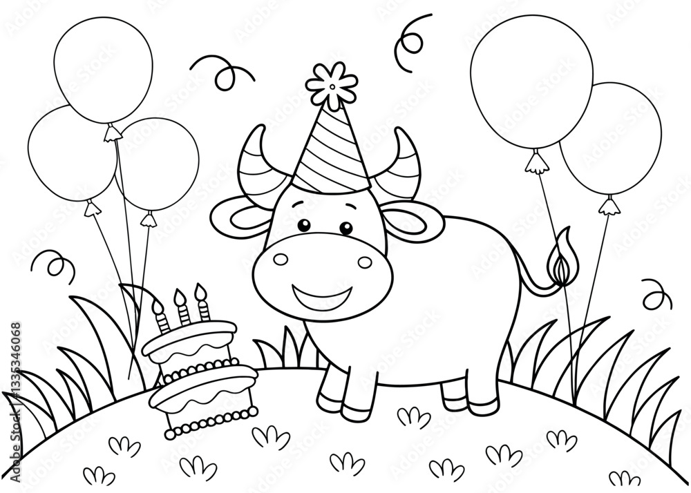 Naklejka premium Cute cartoon ox wearing a party hat with balloons and cake, perfect for coloring pages.