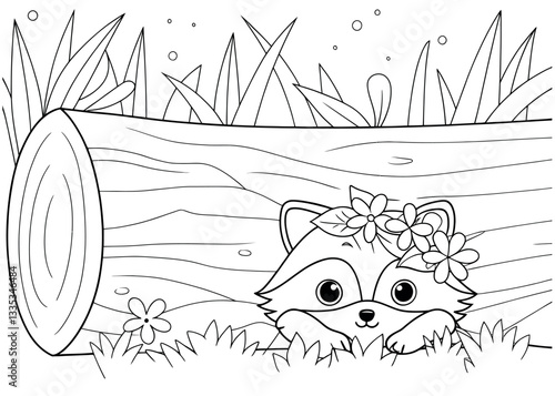 Cute Coloring Page of a Raccoon with Flowers in a Forest