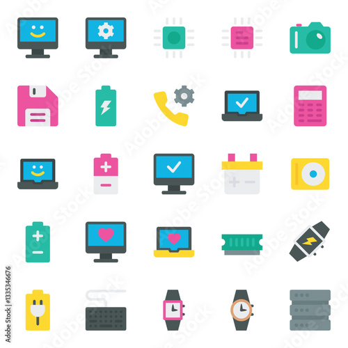 Flat color icons set for Devices and hardware.