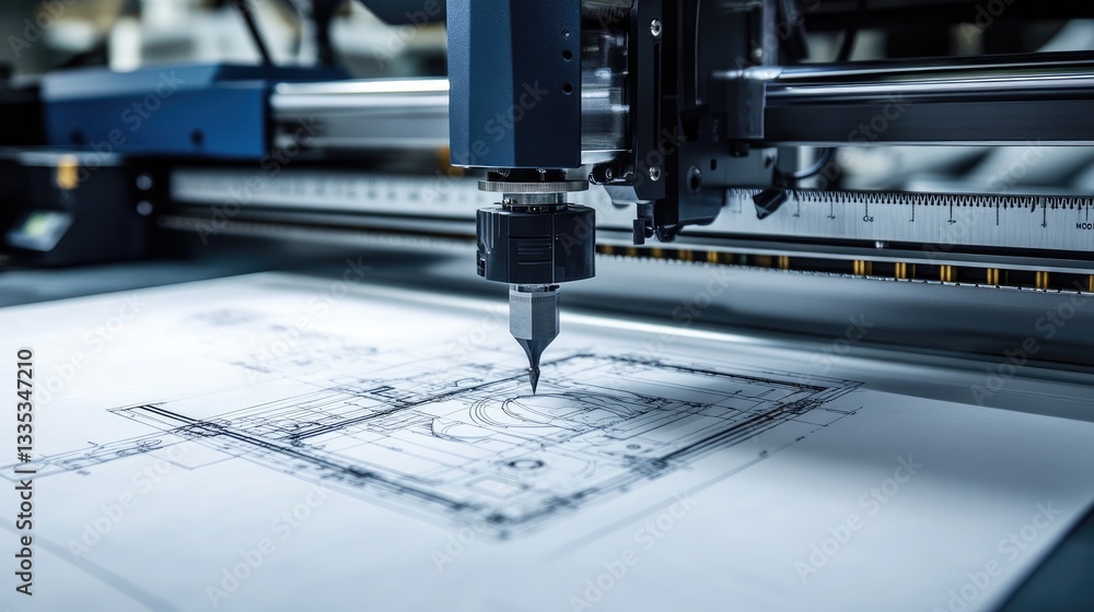 Precision Cutting Machine Engraving Detailed Architectural Plans on Paper in Modern Workshop Environment Precision Cutting Machine Engraving Detailed Architectural Plans on Paper in Modern Workshop Environment