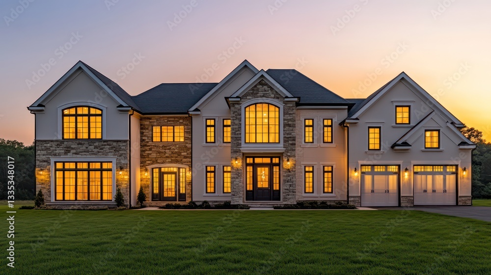Fototapeta premium An elegant two-tone suburban home with stone details and large windows glowing softly from within