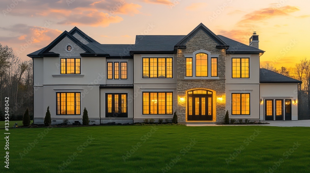 Fototapeta premium An elegant two-tone suburban home with stone details and large windows glowing softly from within