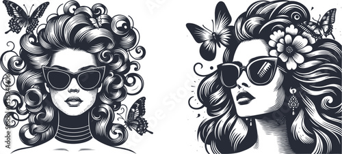 Voluminous Hair Woman with Sunglasses and Butterfly Hair Accessory - Graphic Illustration in Linocut Style, Engraved Artwork butterflies, full portrait, woman, graphic design