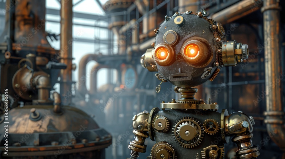 Steampunk toon-bot with brass gears, glowing orange eyes stands in a Victorian factory filled with steam pipes. Steampunk toon-bot with brass gears, glowing orange eyes stands in a Victorian factory filled with steam pipes.