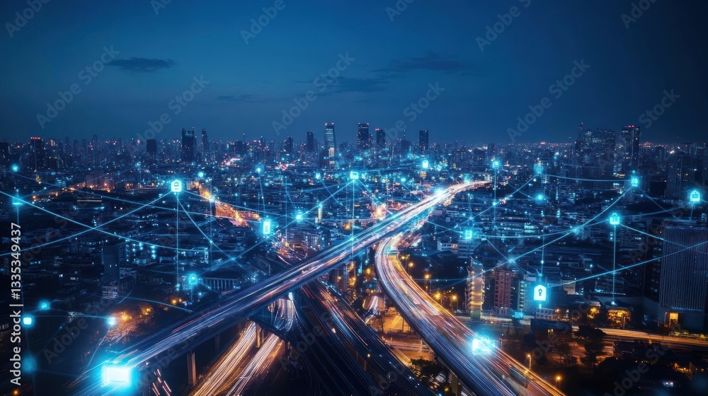 Nighttime Cityscape with Abstract Network of Blue Lines and Lock Icons Nighttime Cityscape with Abstract Network of Blue Lines and Lock Icons