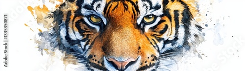 Vibrant Watercolor Tiger Portrait: Ferocious Wildlife Art with Exotic Detail