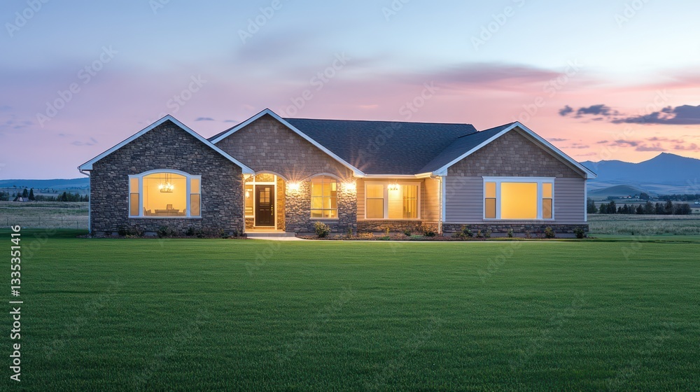 A beautiful single-story ranch house with stone features, large windows, and soft lighting at night A beautiful single-story ranch house with stone features, large windows, and soft lighting at night