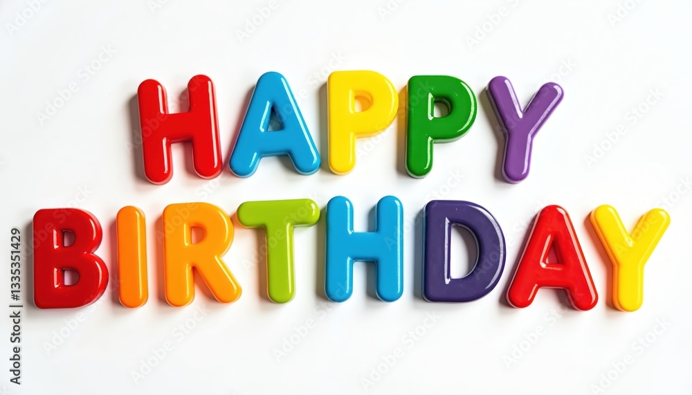Photo of colorful letters spelling Happy Birthday on white background. Bright plastic vibrant fonts create festive mood. Use for anniversary greeting cards, party invitations, fun event posters Photo of colorful letters spelling Happy Birthday on white background. Bright plastic vibrant fonts create festive mood. Use for anniversary greeting cards, party invitations, fun event posters