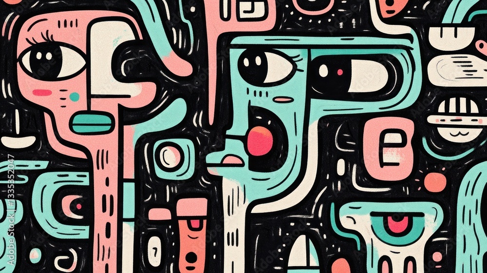 Abstract Psychedelic Art: Faces and Symbols in a Whimsical Composition Abstract Psychedelic Art: Faces and Symbols in a Whimsical Composition