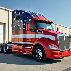 American flag painted semi truck parked. Patriotic symbolism, red white blue colors. Independence Day theme. Commercial vehicle freight transportation delivery. Trucking industry, American culture,