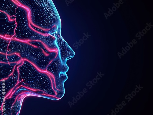 Futuristic digital face silhouette with glowing lines against a dark background