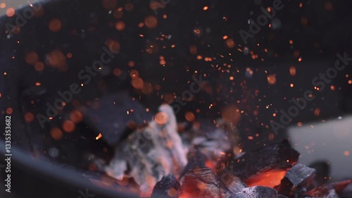Close up of bokeh fire embers that burn in a barbecue in slow motion