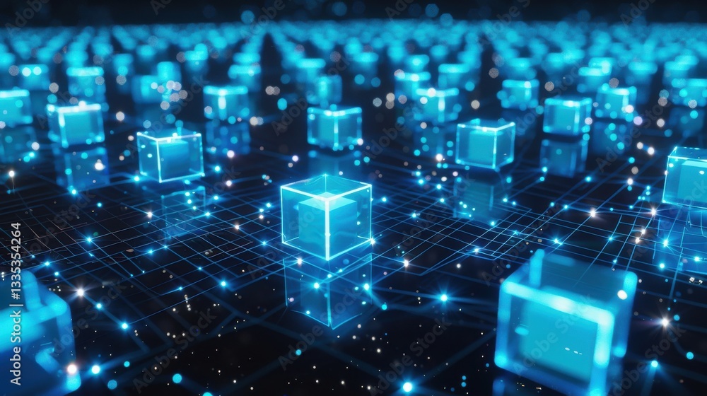 Obraz premium Glowing blue cubes float in the dark, connected by bright lines. Distributed computing nodes, photorealistic, abstract tech.