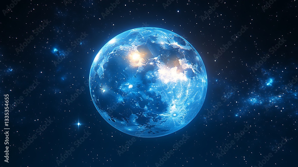Blue glowing planet in space. Blue glowing planet in space.