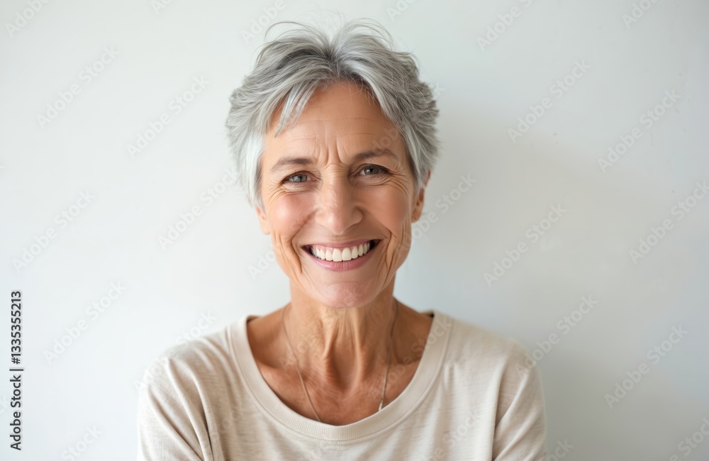 Happy mature woman portrait on white background. Cheerful face, smile and healthy skin reflects positive emotion, joy of life and inner peace. Beauty, confident and attractive look of mid age female. Happy mature woman portrait on white background. Cheerful face, smile and healthy skin reflects positive emotion, joy of life and inner peace. Beauty, confident and attractive look of mid age female.