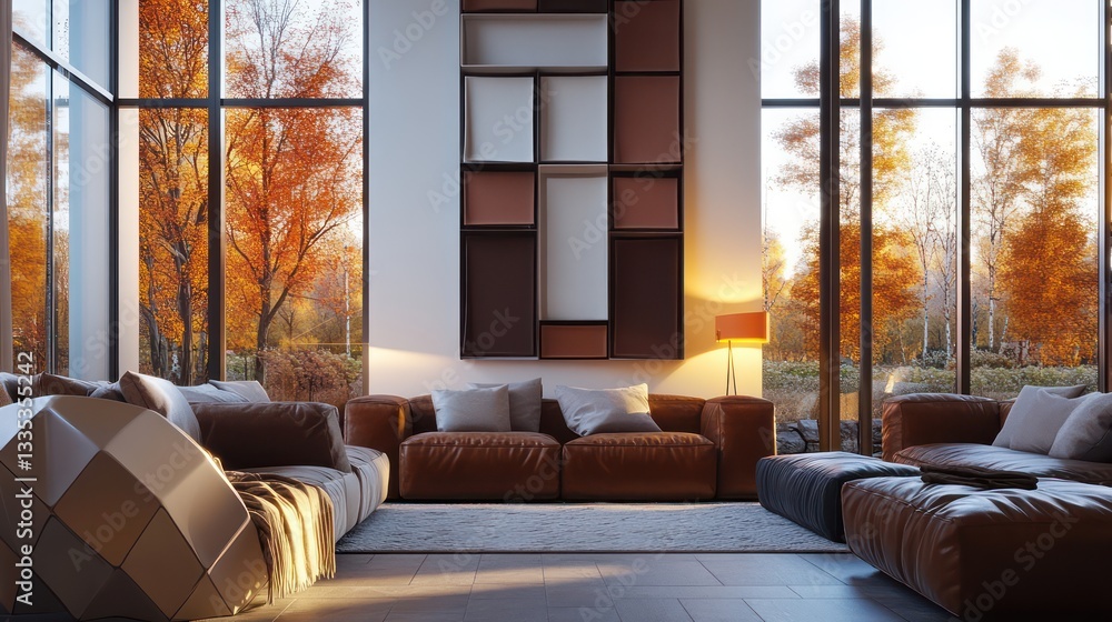 Fototapeta premium A chic lounge space inside a modern apartment complex with large windows offering views of the outdoors