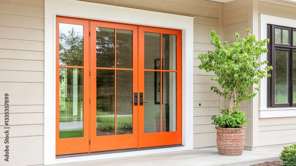Fototapeta premium A contemporary farmhouse entrance with a bold orange glass door and white trim, accented by vibrant green plants and a small tree in a decorative pot