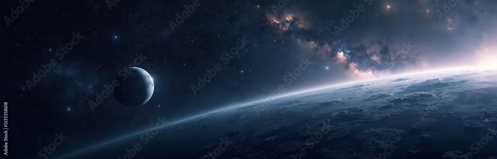 Outer space background with planets, stars, galaxies. Science fiction cosmos. View of planet Earth from space. Light of sun on horizon. Space exploration concept. Perfect for sci-fi, fantasy themes. Outer space background with planets, stars, galaxies. Science fiction cosmos. View of planet Earth from space. Light of sun on horizon. Space exploration concept. Perfect for sci-fi, fantasy themes.