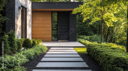 A contemporary home with a front door made of horizontal wooden slats