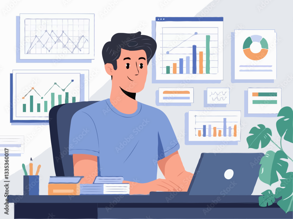 Data Analyst in Workspace - Vector Illustration Data Analyst in Workspace - Vector Illustration