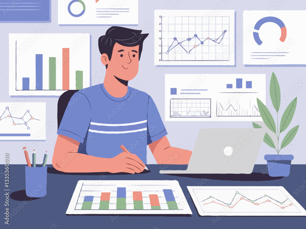 Data Analyst in Workspace - Vector Illustration Data Analyst in Workspace - Vector Illustration