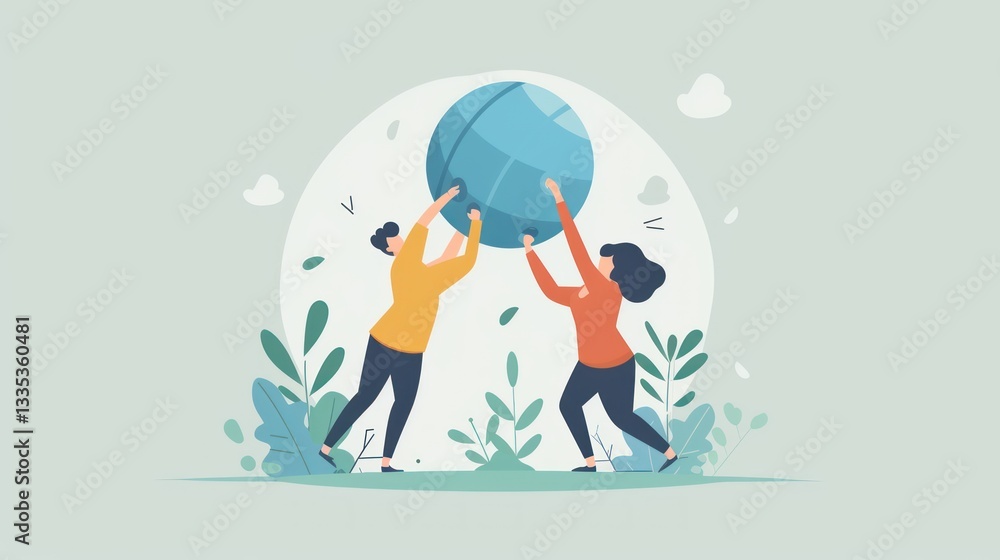 Two individuals collaborating to lift a large sphere symbolizing teamwork and unity in a natur Two individuals collaborating to lift a large sphere symbolizing teamwork and unity in a natur