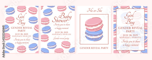 Girl or boy invitation, gender reveal party. Blue and pink macarons background and pattern. Hand drawn vector flat illustration, set of a4 vertical posters for happy moment, greeting card, postcard