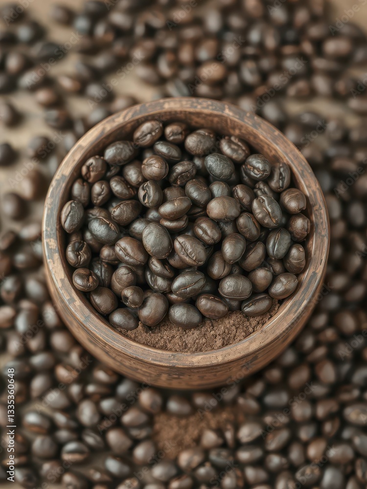 Fototapeta premium Rustic bowl brimming with dark roasted coffee beans and ground coffee, isolated, detail