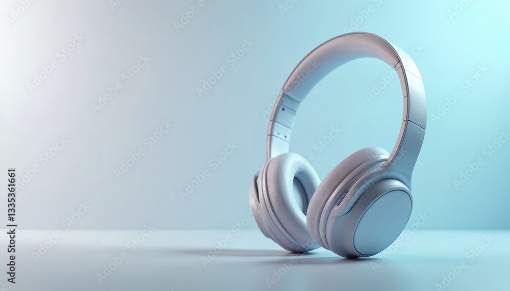 Modern wireless white headphones isolated on light blue background. Stylish headset gadget for listening to music, audio, radio and podcast. Banner with blank space for text, logo or inscription. Modern wireless white headphones isolated on light blue background. Stylish headset gadget for listening to music, audio, radio and podcast. Banner with blank space for text, logo or inscription.