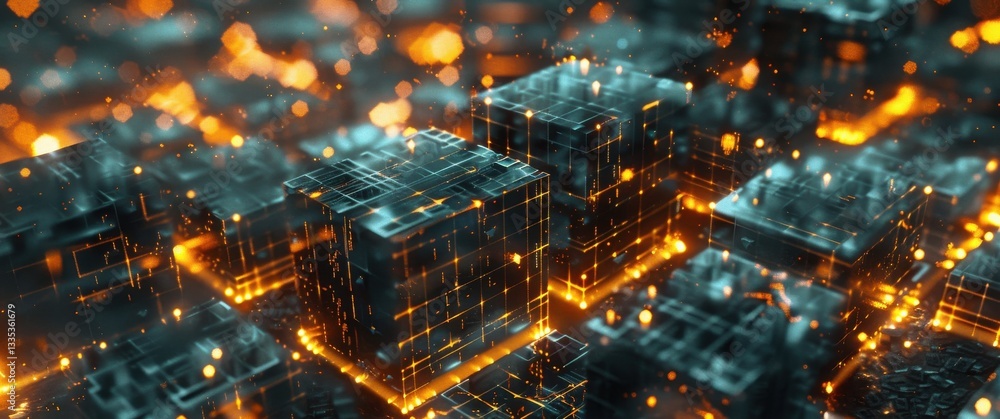 Naklejka premium Abstract visualization of blockchain encryption interconnected cubic structures with glowing cryptographic hashes flowing between nodes blur.