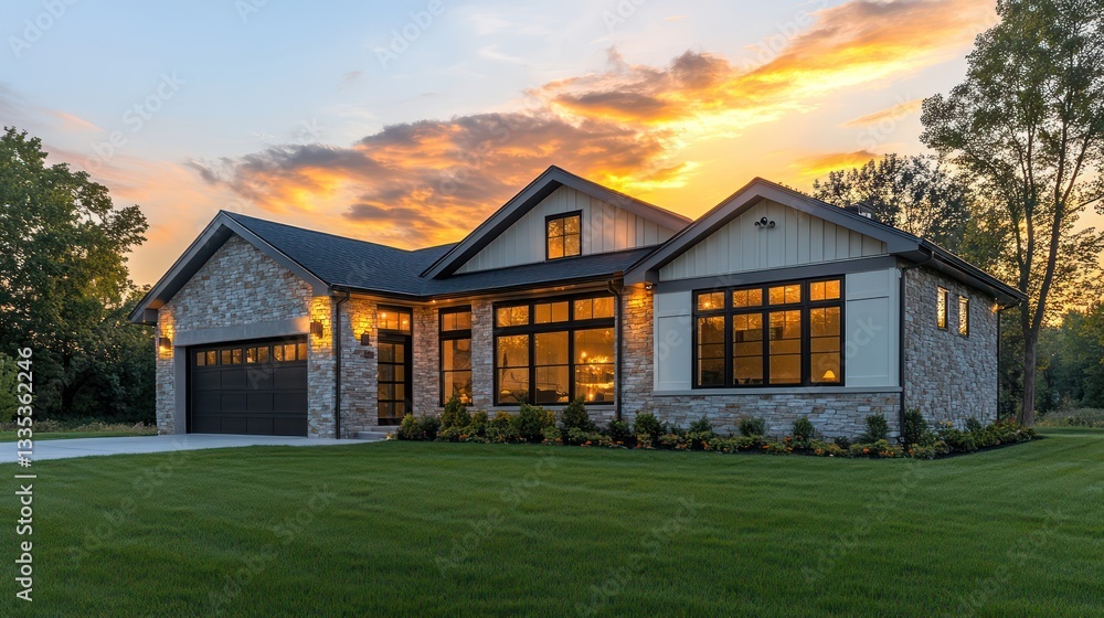 A contemporary single-story farmhouse with stone details and large windows, sitting amid a beautifully landscaped lawn