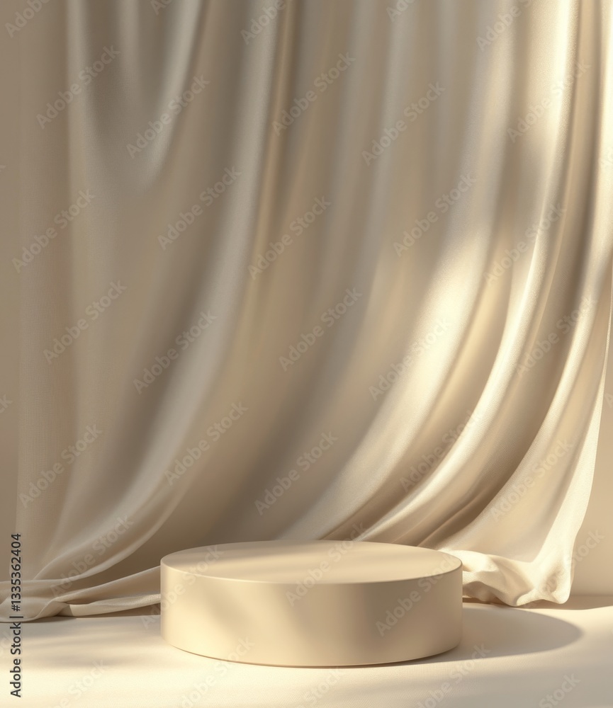 Beige minimalist podium with draped fabric backdrop Beige minimalist podium with draped fabric backdrop