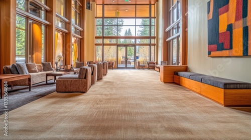 Wallpaper Mural A cozy, modern lobby in an apartment complex with earthy tones in the furniture and decor Torontodigital.ca