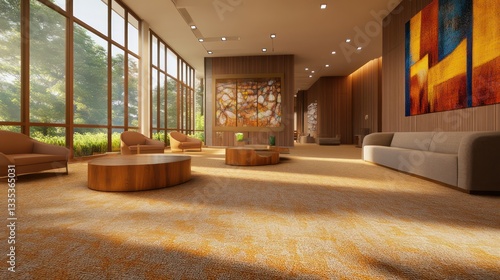 Wallpaper Mural A cozy, modern lobby in an apartment complex with earthy tones in the furniture and decor Torontodigital.ca