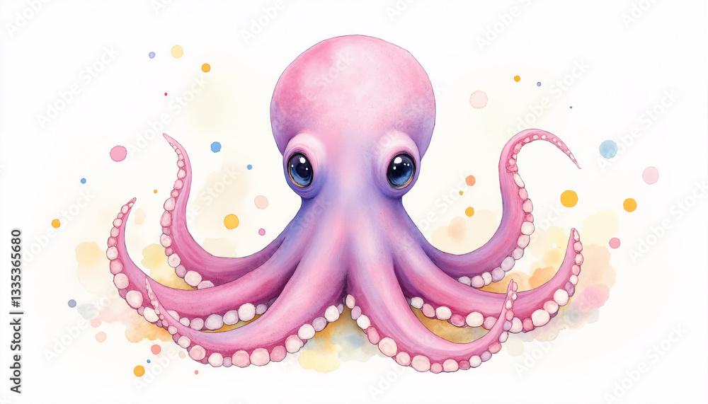 A cartoonish drawing of a pink octopus with a big, curious eye A cartoonish drawing of a pink octopus with a big, curious eye