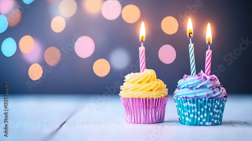 Two birthday cupcakes with candles.