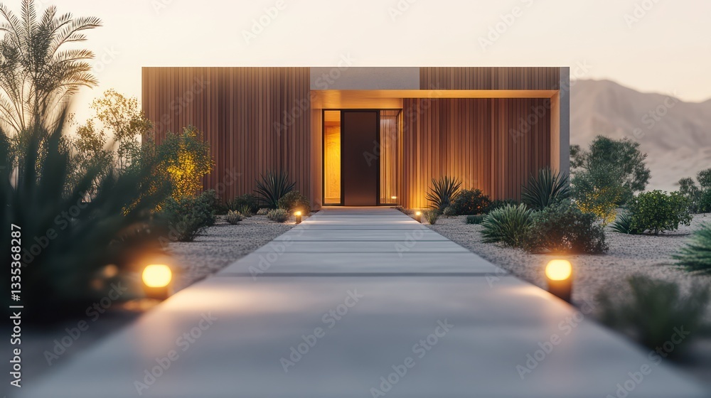 Fototapeta premium A front view of a minimalist modern house in the desert with a wooden facade